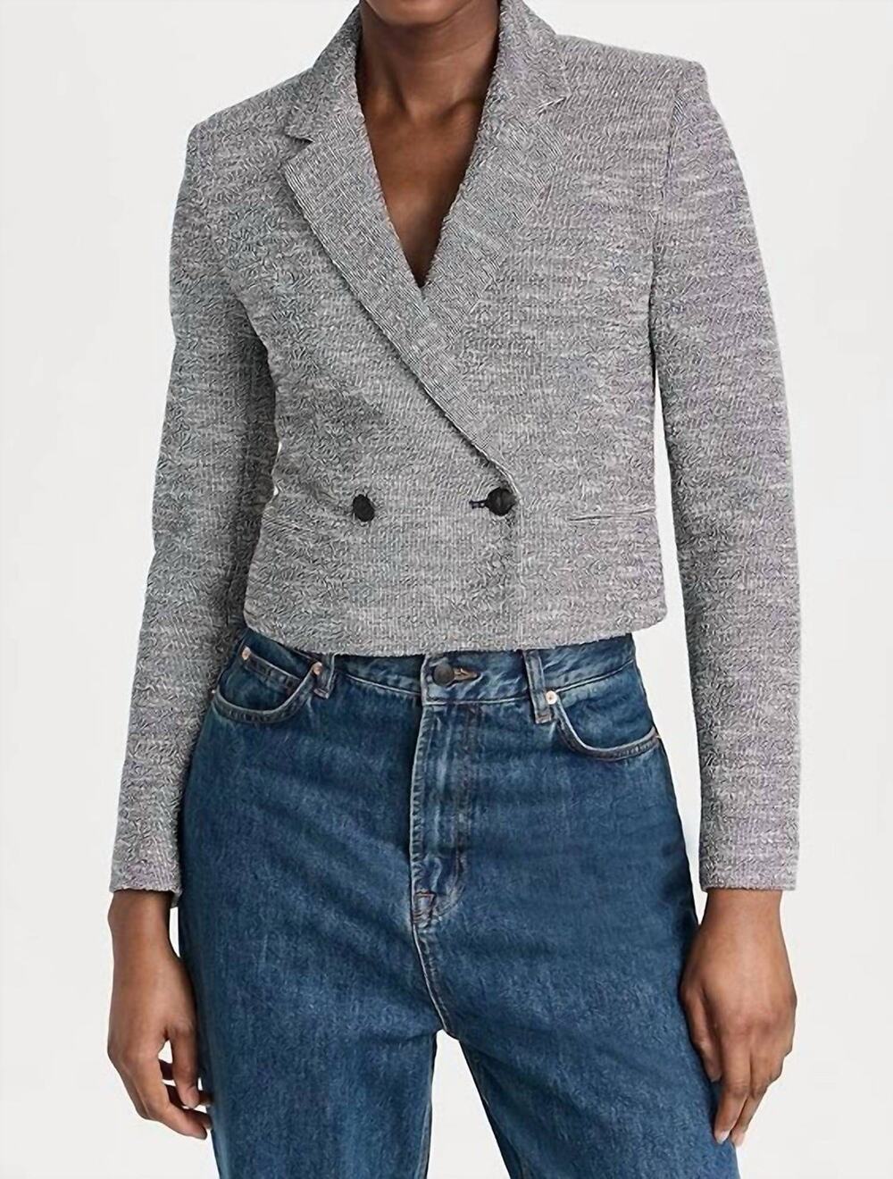 Rag & Bone Josie Italian Tweed Blazer Size 4 Navy White Cotton Blend Cropped